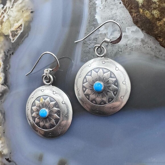 Native American Sterling Silver Turquoise Dot Stamped Concho Dangle Earrings - Picture 6 of 10